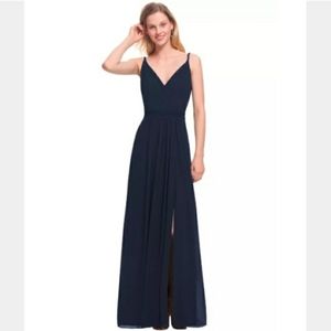 #Levkoff navy side split floor length gown
